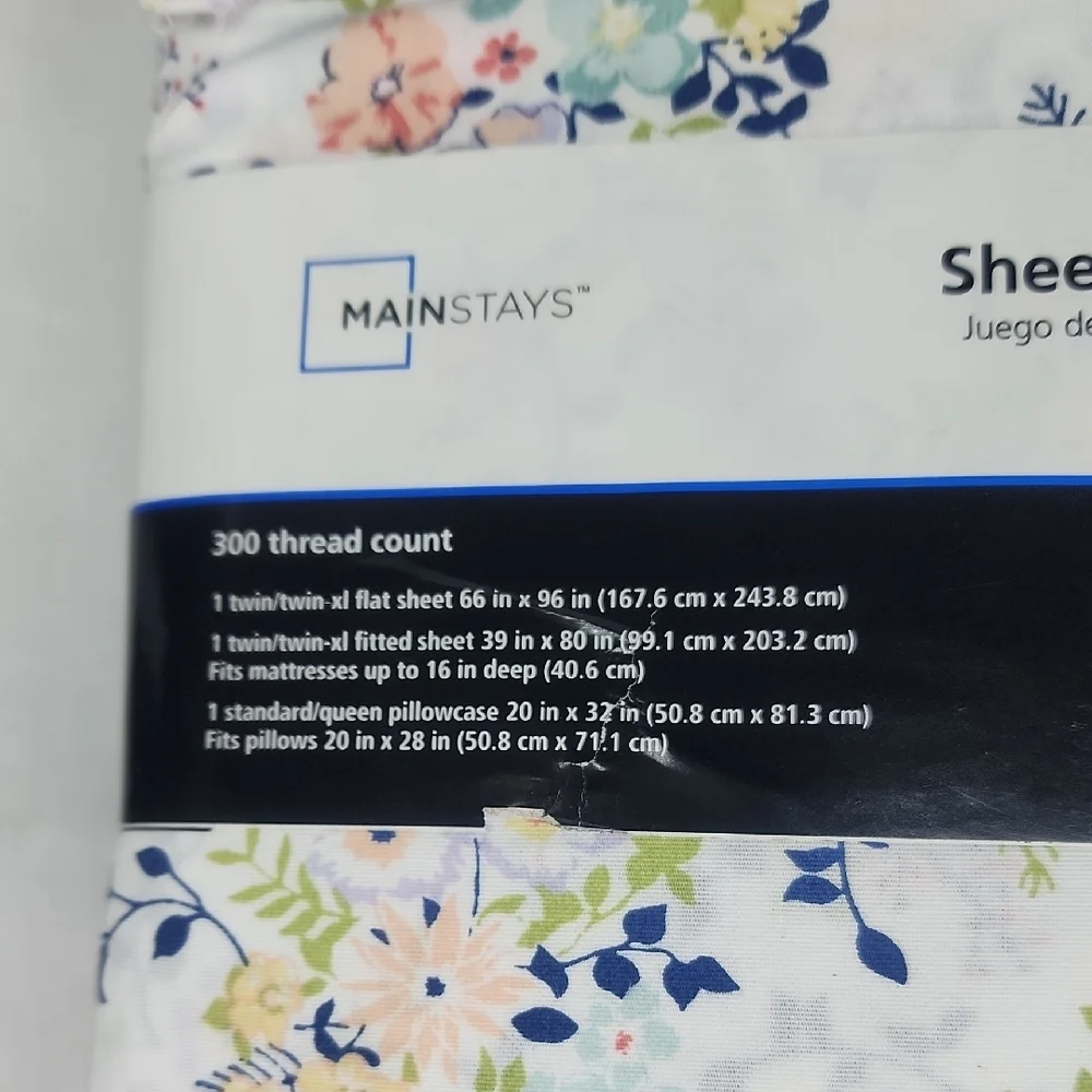 Mainstays Floral 300 Thread Count Sheet Set - White, Blue, and Pink T/Txl